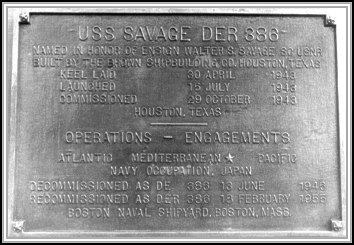 photograph of historical marker for USS SAVAGE DER-386