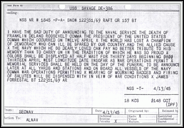 scanned copy of radiogram announcing FDR's death.