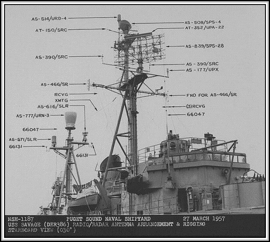photograph of USS Savage (DER-386) Radio/Radar Antenna Arrangement & Rigging - 27 March, 1957.Puget Sound Naval Shipyard.