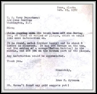 scan of Irma's letter to the Navy Department concerning plaque 