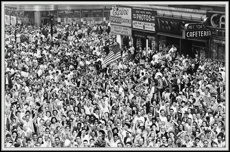 photograph of massive crowd celebrating V J Day in Times Square.