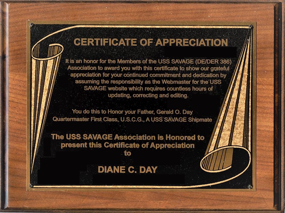 image of Certificate of Appreciation plaque