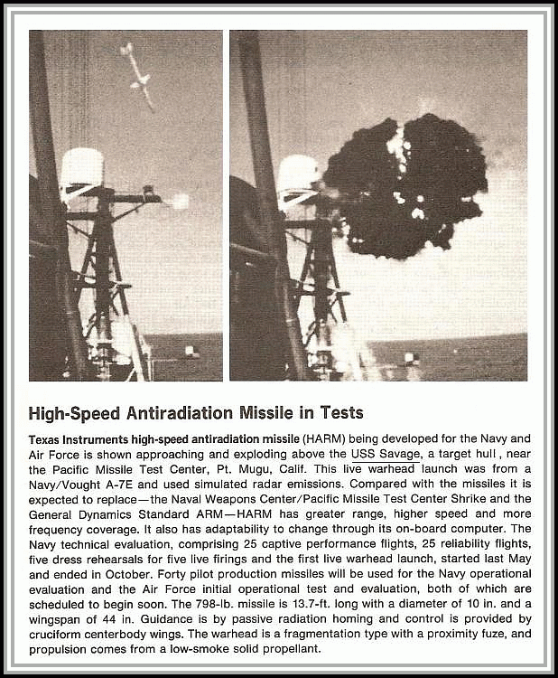 photograph showing HARM approaching and exploding above the USS Savage