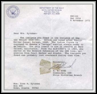 scan of letter of reply from the Department of the Navy 