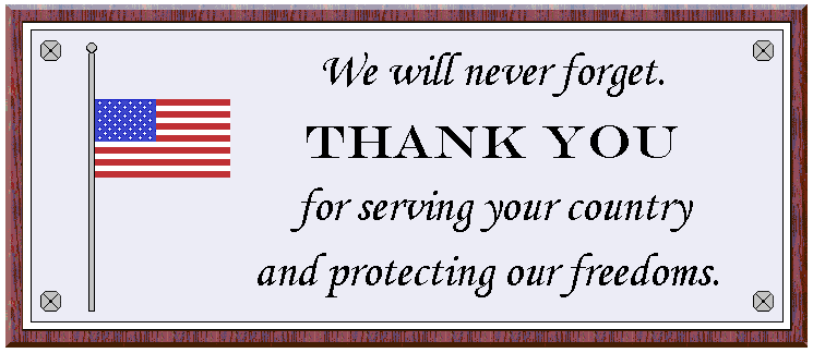 graphic of plaque "Thank you for serving your country  and protecting our freedoms."