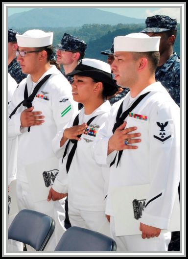 photograph of sailors reciting the Pledge of Allegience at Subic Bay, Philippines 